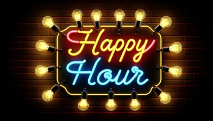 Glowing Neon Happy Hour Sign with Light Bulbs