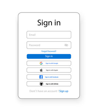 Log In form template for website .Set Buttons Sign in with Google, Facebook, Apple,tAuthenticate User Login with . Login and password forms page. Vector