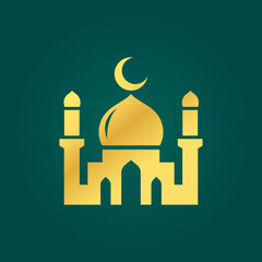 Simple Mosque Vector Logo Gold On green background