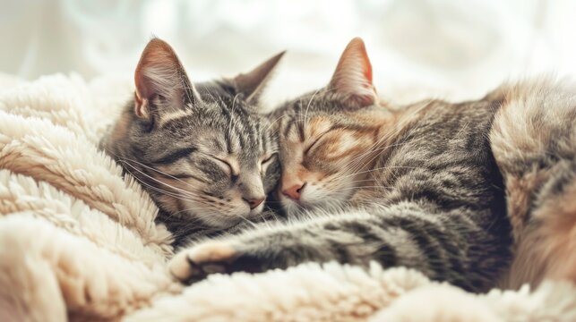 Animals pets photography background - Relaxing sweet cute two cats kitten lying on cozy blanket in bed or on the sofa, sleeping and hugging cuddle each other