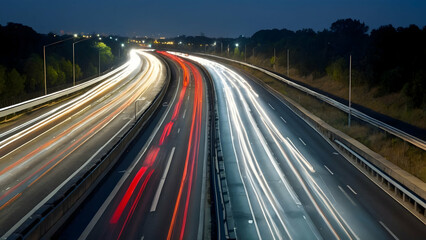 Fototapeta na wymiar Red taillights blur into streaks of light as cars speed down a dark highway at night