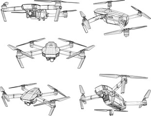 Flying drone design vector illustration sketch with camera for documentation