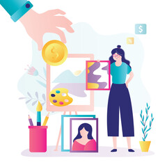 Female artist with picture standing near easel. Woman seller holding picture and sells painting for money. Buyer give dollar coin. Art gallery, business concept.