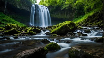 Foto auf Leinwand Forest Waterfall: Serene cascade amidst lush greenery and rocky terrain, harmonizing with nature's flow © Gohgah