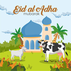 Happy Eid Al Adha Greeting Card Banner with Cow and Goat. Ucapan Selamat Hari Raya Idul Adha. Vector Illustration