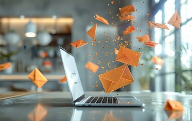 Email concept shown on a laptop used to send and receive e-mails. Email and sms marketing concept