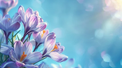 Raamstickers A spring background with delicate lilac crocus flowers against blue sky © wolfhound911
