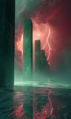 Dramatic vertical abstract background with stone columns a fierce lightning.