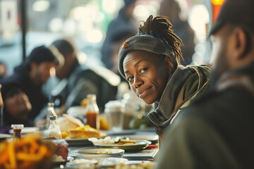 Positive homeless African American woman standing at the table in a street dining hall, surrounded...