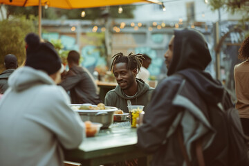 Positive homeless African American man standing at the table in a street dining hall, surrounded by other individuals