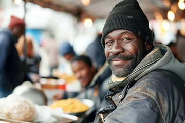 Positive homeless black man standing at the table in a street dining hall, surrounded by other individuals
