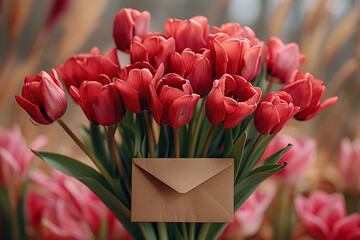Bouquet of tulips isolated on pink background with envelope on it