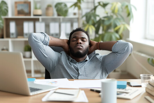 Business Bookkeeper Financial Accountant Feels Tired But Satisfied After Completing Big Work Amount. Relaxed Young Black Man With Hands Behind Head Sitting At Office Desk With Laptop Computer