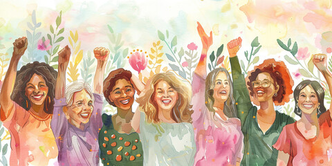 Cheerful multigenerational and multiracial women celebrating unity and felinity on women's day. Illustration in watercolor style