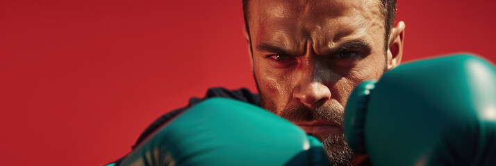 Close-up of intense male boxer with green gloves poised to strike against a striking red background, exuding focus and determination. Banner with copy space.