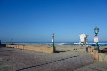 Cloudless morning at Mission beach ocean front walk, San Diego, Southern California