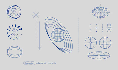 Collection of astronomical diagrams and cosmic shapes in blue on white background. Abstract geometric shapes. Modern aesthetics, minimalist art. Vector design for creative cover, poster and ad © master1305