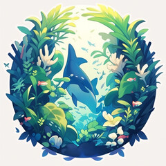 Naklejka premium underwater theme sticker banner in circular shape with colorful sea plants and fish in transparent blue color water in white background. 