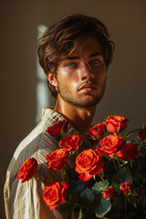 Man holding bouquet of roses