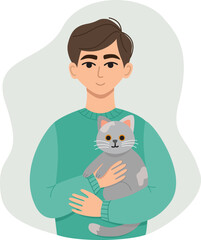 Vector illustration of a boy with cat in his hands. Colorful concept in flat style
