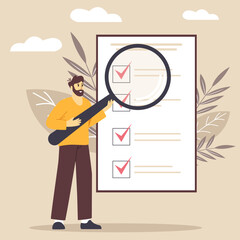 A man holds a magnifying glass or magnifying glass and looks at a list of things he has done. Search, SEO or research concept. Isolated flat vector illustration.