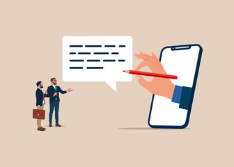 Business team and hand human holding pencil and writing message or email on speech bubble. Written communication. Flat vector illustration - obrazy, fototapety, plakaty
