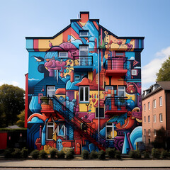 A colorful street art mural on a city building.