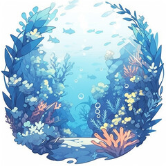 Fototapeta na wymiar underwater theme sticker banner in circular shape with colorful sea plants and fish in transparent blue color water in white background. 