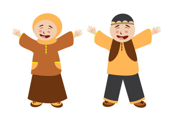 Happy Moslem Kid. Cute Moslem Boy and Girl Cartoon Character. Suitable for Islamic design like Eid al Fitr, Eid Al Adha, New Year. Islamic Vector Illustration
