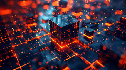 Futuristic Cubes Floating in Neon Space, Vibrant Red and Blue Light Grid, Abstract Digital Blockchain Network Concept, Modern Cyber Technology Background.