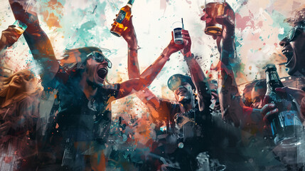 Illustration of happy, out of control, drinkers
