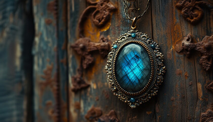 A mesmerizing labradorite locket - with deep blues and greens - starkly contrasts against a...
