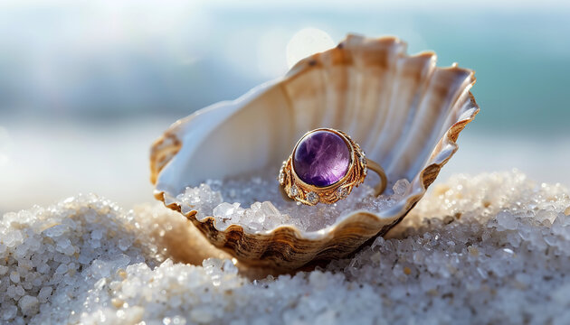 Nestled inside an open seashell - an amethyst ring sparkles - evoking the mysteries of the sea and the allure of hidden treasures - wide format