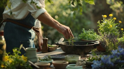 A hands-on culinary workshop taking place in a lush herb garden, where participants learn to incorporate fresh-picked herbs into their cooking. 