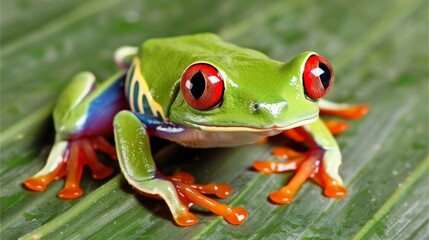 Vibrant red eyed amazon tree frog resting on a tropical palm leaf in rainforest habitat