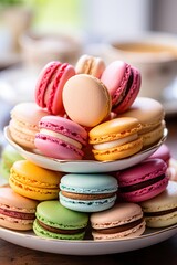 Fototapeta na wymiar delicate macarons in a spectrum of colors; dessert photography; best for banners, flyers, and poster