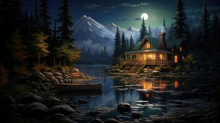 serene cabin on the lake night - Powered by Adobe