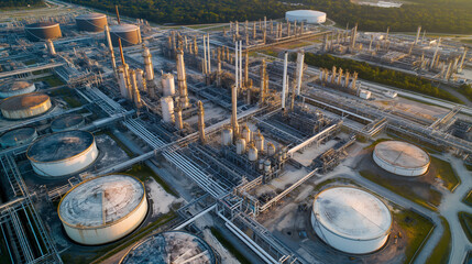 aerial view of oil and chemical tank storage in chemical plant petrochemical factory, and petroleum refinery to storage and distribute chemical petroleum fuel gas oil, gasoline for energy business