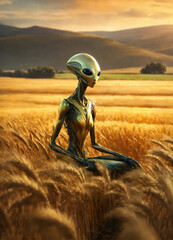 An alien sits in the centre of the wheat field - obrazy, fototapety, plakaty