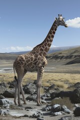 Majestic giraffe standing in an open landscape under blue skies