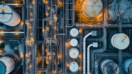 aerial view of oil and chemical tank storage in chemical plant petrochemical factory, and petroleum refinery to storage and distribute chemical petroleum fuel gas oil, gasoline for energy business