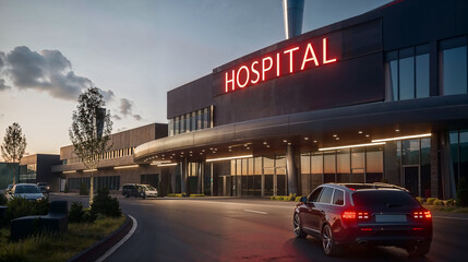 Fototapeta na wymiar Dusk view of modern hospital facade and entrance. Generative AI