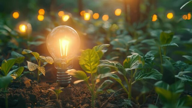 lighting bulb on ground with seed plants growing up, save world concept