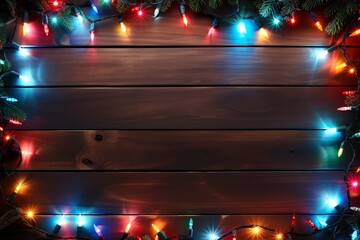 Festive Christmas lights framing a dark wooden background.