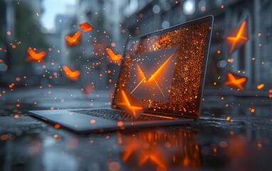 Laptop with abstract email symbol on screen. Email marketing concept