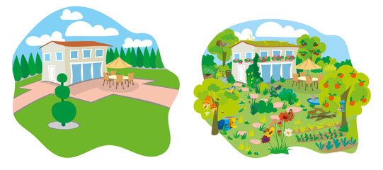 Illustration of an insect-unfriendly garden compared with a garden that creates a habitat for insects