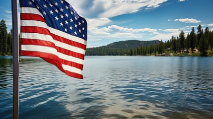 patriotic american flag lake