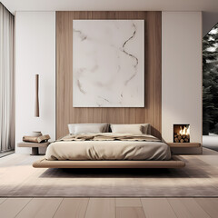 A minimalist bedroom with neutral tones. 