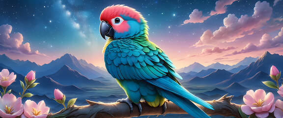 A parrot with blue feathers sits alone on a tree branch. landscape with a beautiful night sky and birds. Vector style parrot illustration.