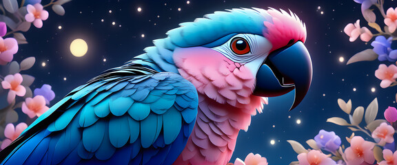 Close up of a parrot with pink chest fur. Illustration with flowers and parrots in the night sky.